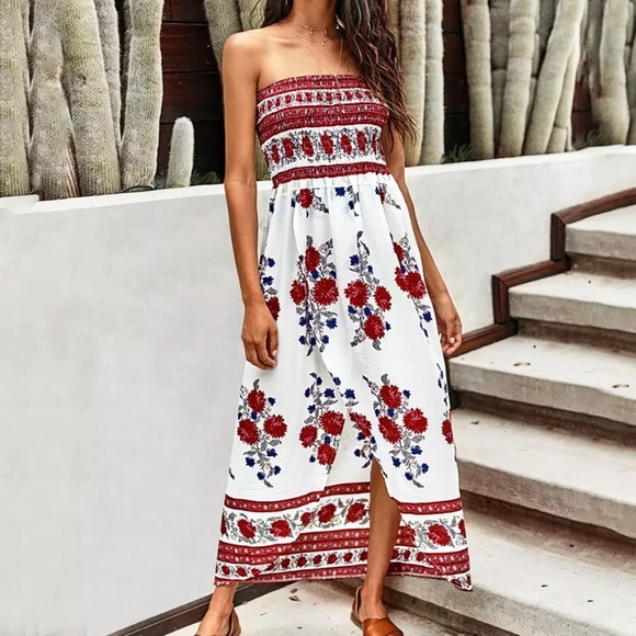 CLEARANCE Red Floral Printed Strapless Dress - Picture 2 of 4